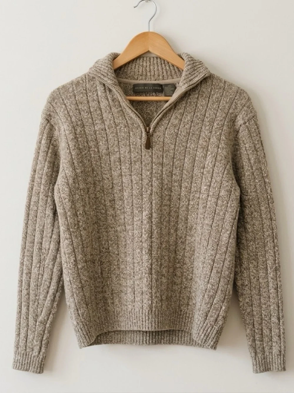 Oscar De La Renta Tan Ribbed Knit Half-Zip Mock Neck Sweater